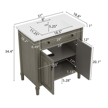 31 Inch Vintage Bathroom Vanity with Sink Rustic Cabinet Soft Close Doors Adjustable Shelf Gray