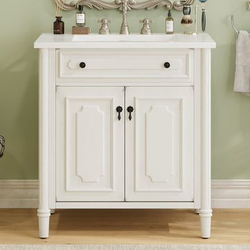 31 Inch Vintage Bathroom Vanity with Sink Rustic Cabinet Soft Close Doors Adjustable Shelf White