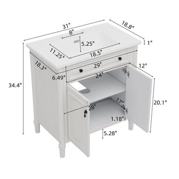 31 Inch Vintage Bathroom Vanity with Sink Rustic Cabinet Soft Close Doors Adjustable Shelf White