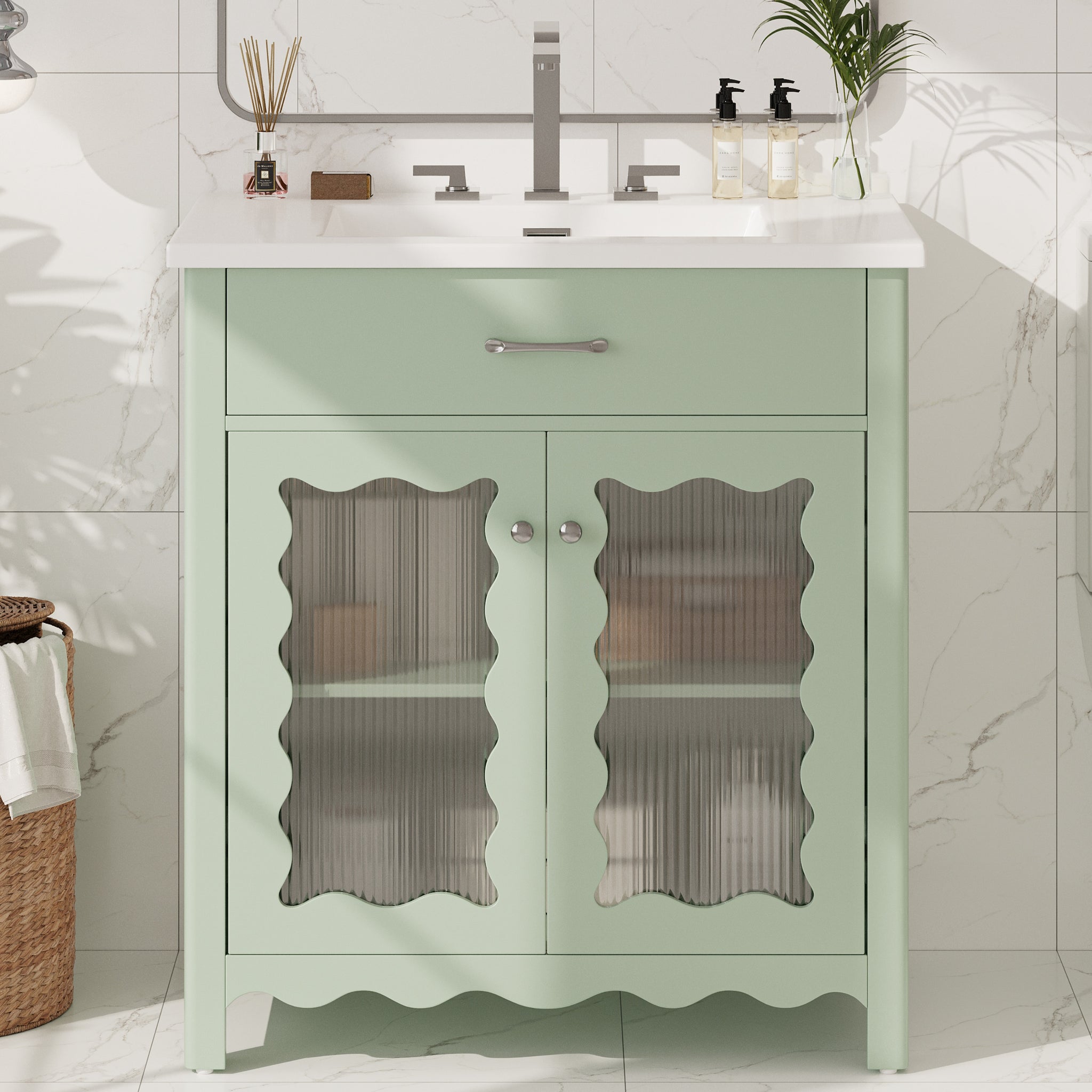 31 Inch Bathroom Vanity with Tempered Glass Modern Cabinet Rubber Wood Legs Soft Close Doors Green