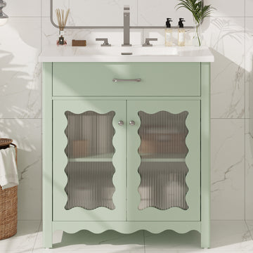 31 Inch Bathroom Vanity with Tempered Glass Modern Cabinet Rubber Wood Legs Soft Close Doors Green