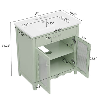 31 Inch Bathroom Vanity with Tempered Glass Modern Cabinet Rubber Wood Legs Soft Close Doors Green