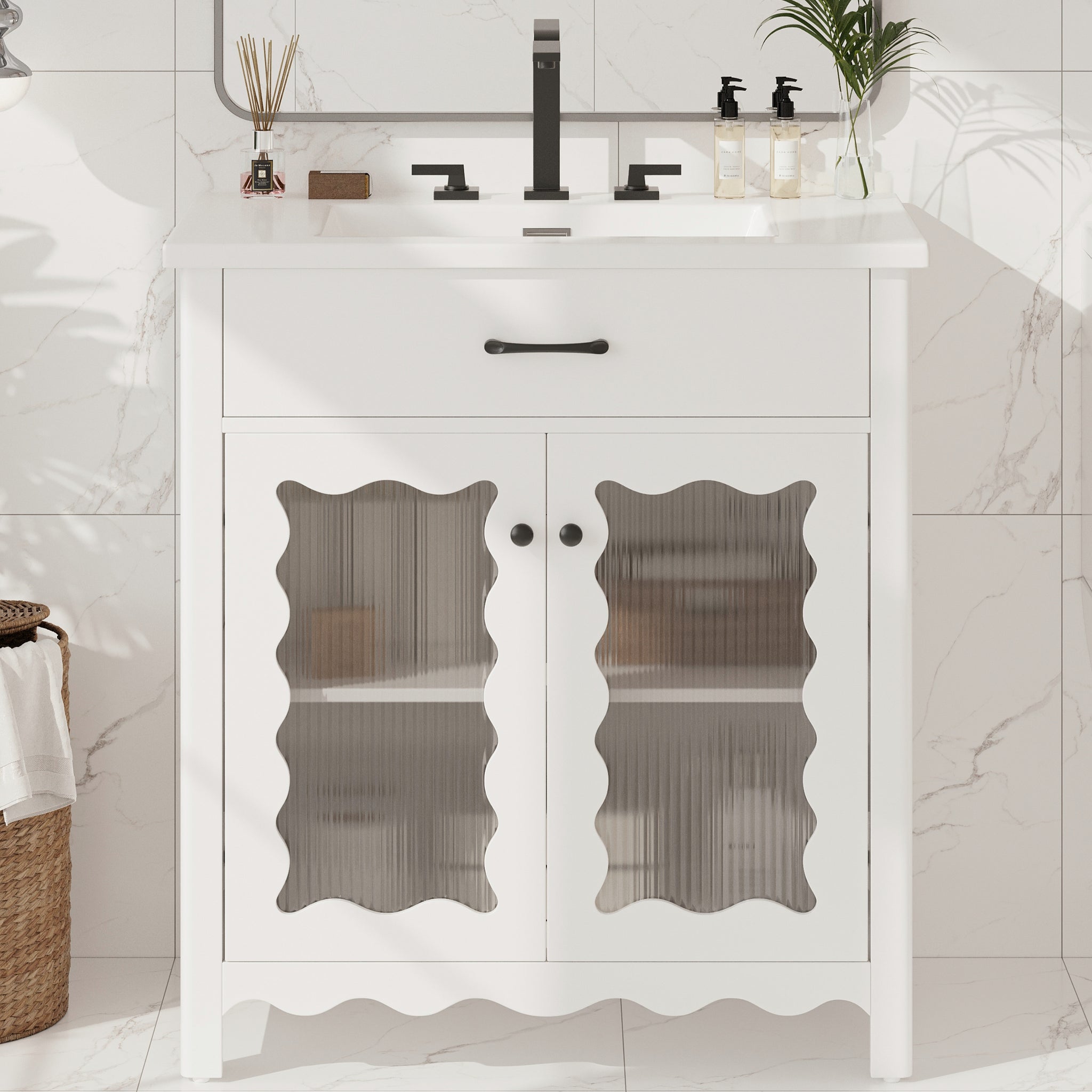 31 Inch Bathroom Vanity with Tempered Glass Modern Cabinet Rubber Wood Legs Soft Close Doors White