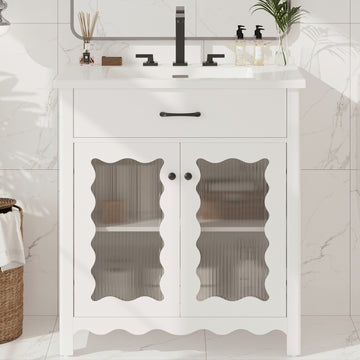 31 Inch Bathroom Vanity with Tempered Glass Modern Cabinet Rubber Wood Legs Soft Close Doors White