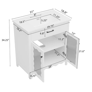 31 Inch Bathroom Vanity with Tempered Glass Modern Cabinet Rubber Wood Legs Soft Close Doors White