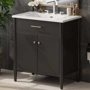 31 Inch Bathroom Vanity with Sink Soft Close Doors Adjustable Shelf Curved Design Rubber Wood Legs Black