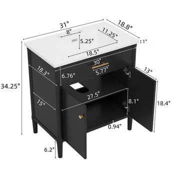 31 Inch Bathroom Vanity with Sink Soft Close Doors Adjustable Shelf Curved Design Rubber Wood Legs Black