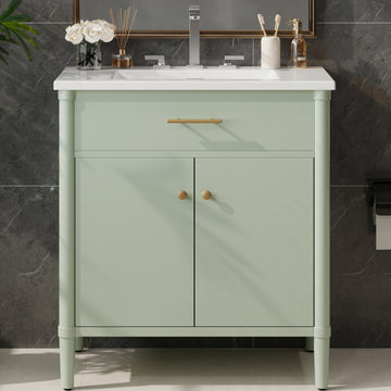 31 Inch Bathroom Vanity with Sink Soft Close Doors Adjustable Shelf Curved Design Rubber Wood Legs Green