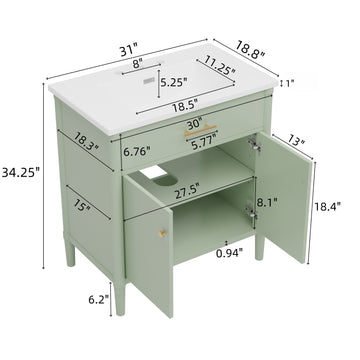 31 Inch Bathroom Vanity with Sink Soft Close Doors Adjustable Shelf Curved Design Rubber Wood Legs Green