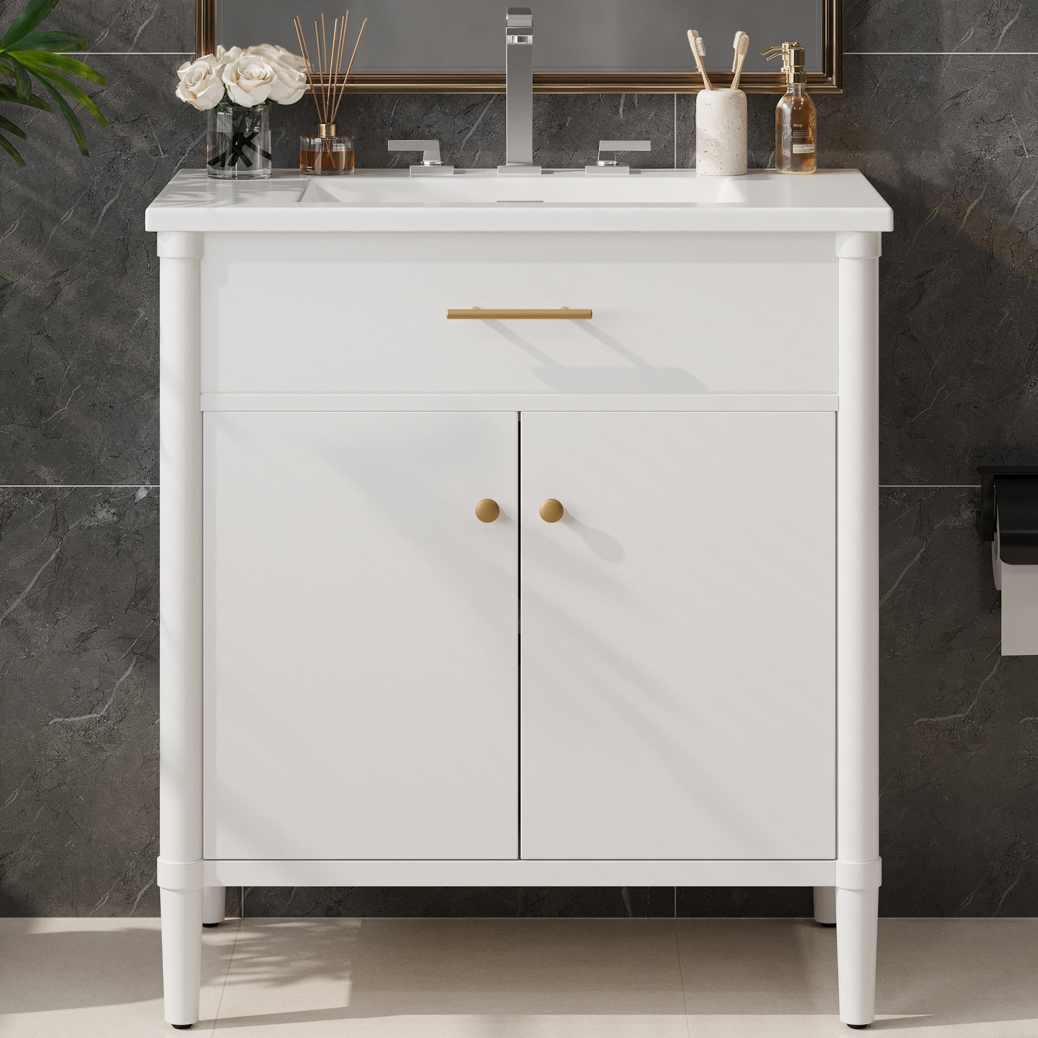 31 Inch Bathroom Vanity with Sink Soft Close Doors Adjustable Shelf Curved Design Rubber Wood Legs White
