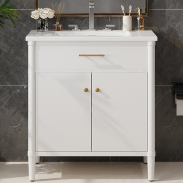 31 Inch Bathroom Vanity with Sink Soft Close Doors Adjustable Shelf Curved Design Rubber Wood Legs White