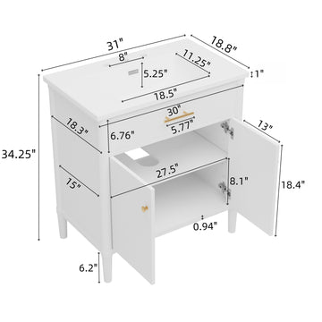 31 Inch Bathroom Vanity with Sink Soft Close Doors Adjustable Shelf Curved Design Rubber Wood Legs White