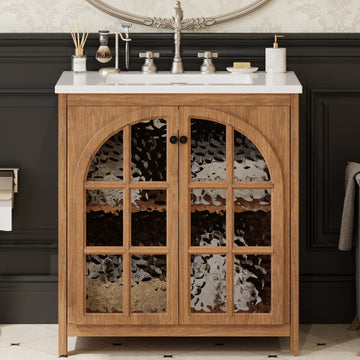31 Inch Farmhouse Bathroom Vanity with Ceramic Sink Rustic Cabinet Bronze Pulls Soft Close Antique Natural