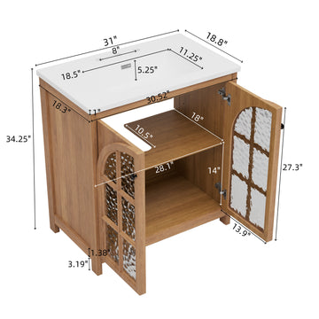 31 Inch Farmhouse Bathroom Vanity with Ceramic Sink Rustic Cabinet Bronze Pulls Soft Close Antique Natural