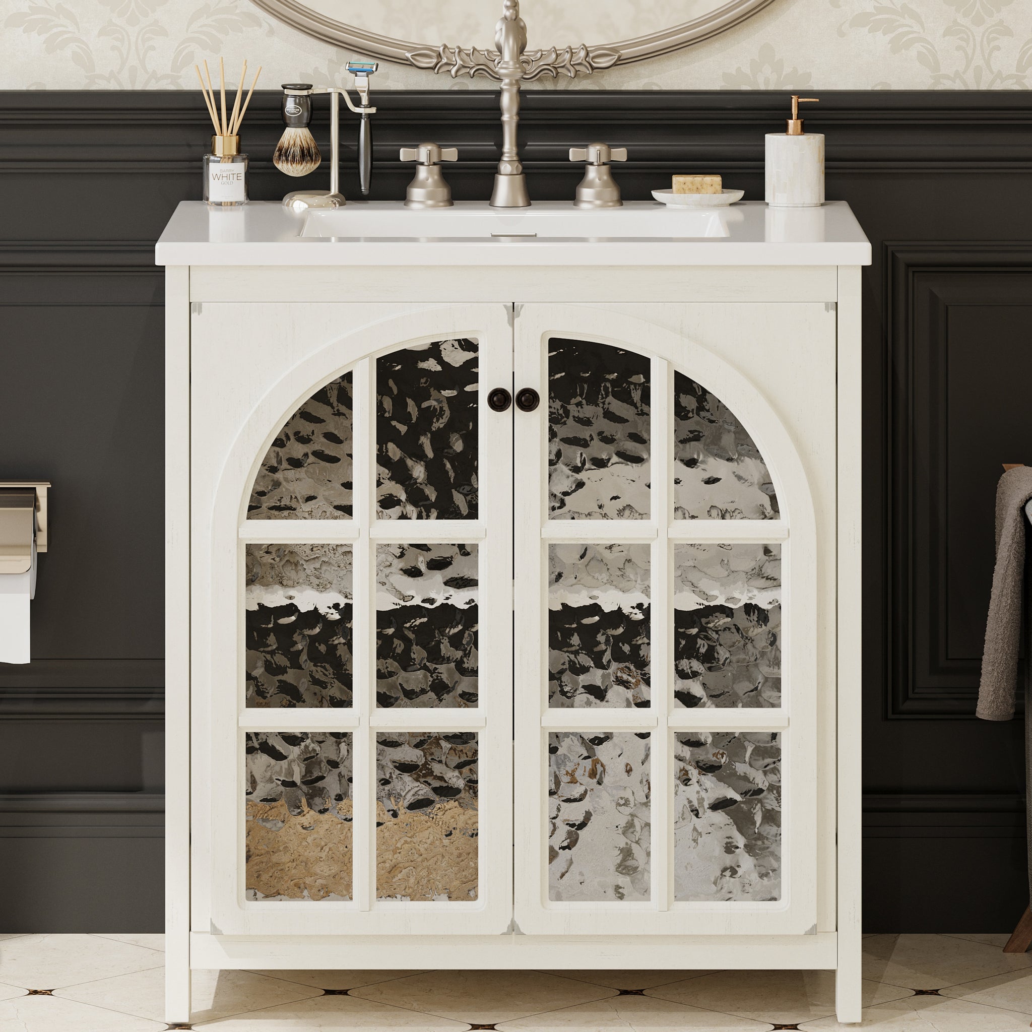 31 Inch Farmhouse Bathroom Vanity with Ceramic Sink Rustic Cabinet Bronze Pulls Soft Close Antique White