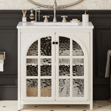31 Inch Farmhouse Bathroom Vanity with Ceramic Sink Rustic Cabinet Bronze Pulls Soft Close Antique White