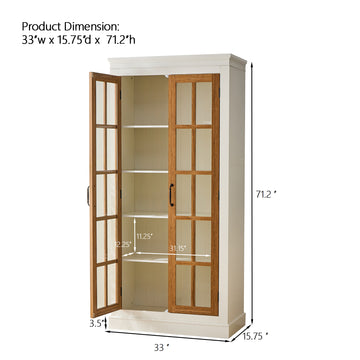 71.2 Inch Freestanding Pantry Cabinet with Glass Doors Farmhouse Display Storage Cabinet with Adjustable Shelves Brown and White