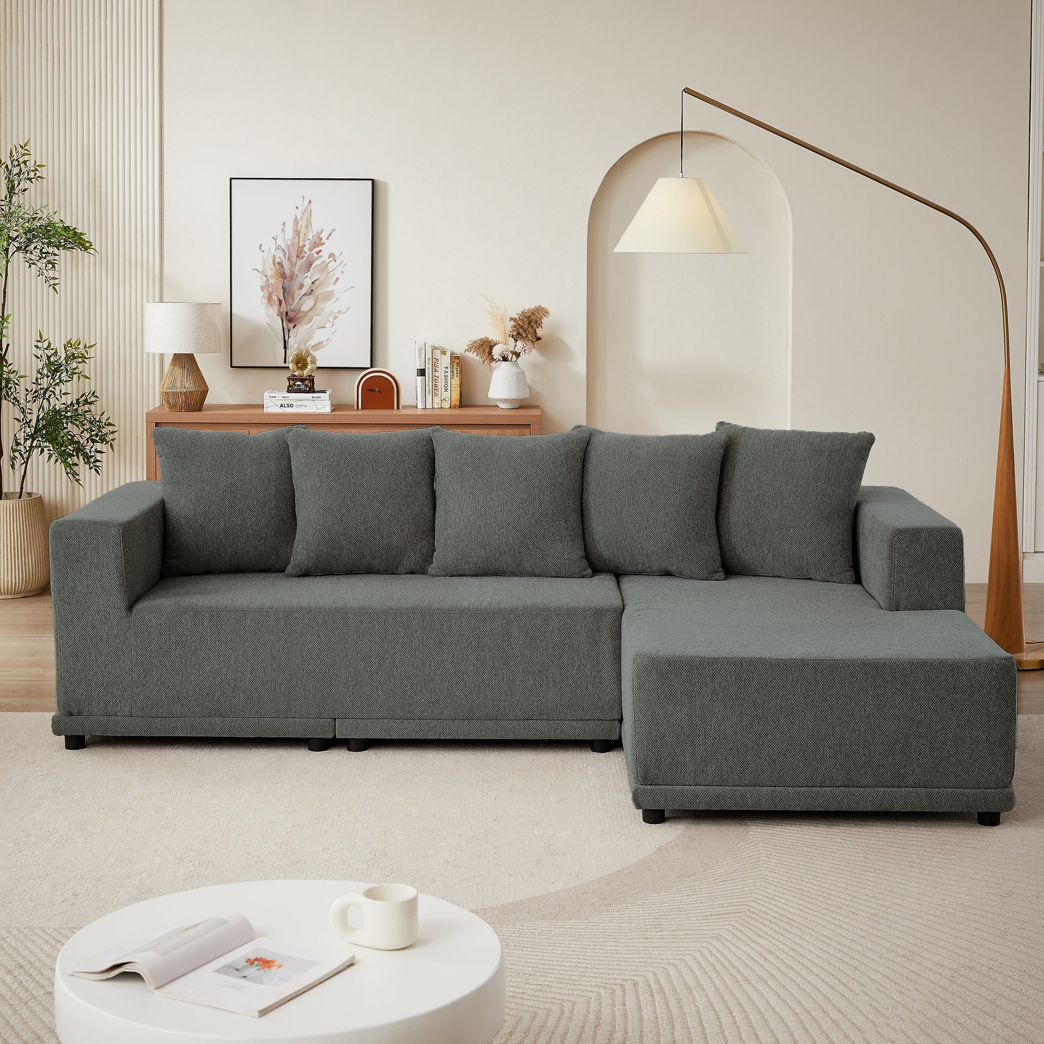 Chenille L-Shaped Sectional Sofa Set,Minimalist Style Modular Sectional Sofa with Foot Pads, Luxury Chenille Fabric Cloud Couch for Living Room, (Grey)