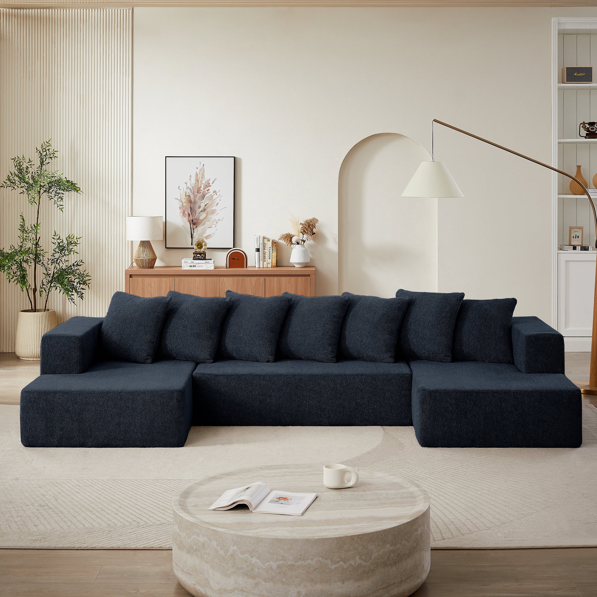 Chenille U-Shaped Sectional Sofa Set,Minimalist Style Modular Sectional Sofa, Luxury Chenille Fabric Cloud Couch for Living Room, (Blue)