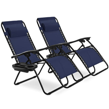 2-Piece Steel Frame Outdoor Patio Folding Portable Zero Gravity Reclining Chaise Lounges Chairs Set in Blue
