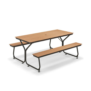 72 in. Brown Rectangle Metal Outdoor Picnic Table Bench Set for 6-8 People with Umbrella Hole