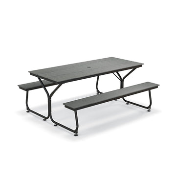72 in. Gray Rectangle Metal Outdoor Picnic Table Bench Set for 6-8 People with Umbrella Hole