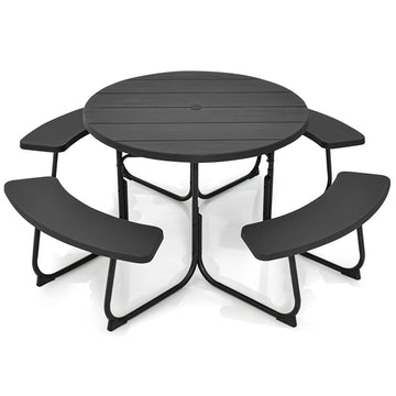 75 in. W Black Round Composite Outdoor Picnic Table Bench Set for 8-Person with Umbrella Hole