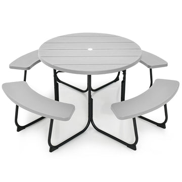 75 in. W Gray Round Composite Outdoor Picnic Table Bench Set for 8-Person with Umbrella Hole