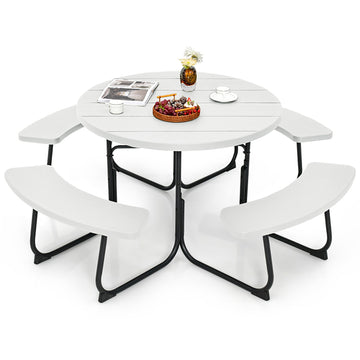75 in. W White Round Composite Outdoor Picnic Table Bench Set for 8-Person with Umbrella Hole