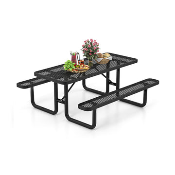 72 in. Black Rectangle Metal Outdoor Picnic Table Bench Set for 8-Person with Seats and Mesh Grid