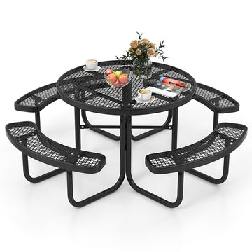 80 in. W Black Round Stainless Steel Outdoor Picnic Table Bench Set for 8-Person with Umbrella Hole
