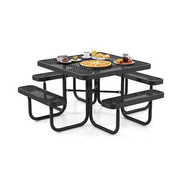 76 in. W Black Square Stainless Steel Outdoor Picnic Table Bench Set for 8-Person with Seats and Umbrella Hole