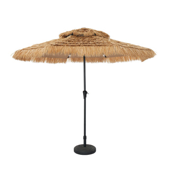 9 ft. Outdoor Double Layer Hawaiian Style Market Umbrella in Brown with Base and 32-Light Beads