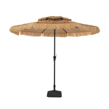 9 ft. Outdoor Double Layer Hawaiian Style Market Umbrella in Brown with Base and Crank Tilt