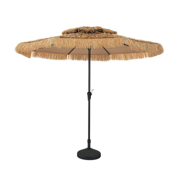 9 ft. Outdoor Double Layer Hawaiian Style Market Umbrella in Brown with Base and Crank Tilt