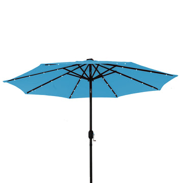 9 ft Patio Umbrella Outdoor Market 32 LED Solar Umbrella with Tilt and Crank (Light Blue)