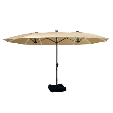 15 ft. Double-Side Fade Resistant UV Resistant Patio Umbrella with LED Lights and Heavy Duty Base in Beige