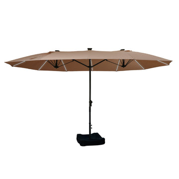 15 ft. Double-Side Fade Resistant UV Resistant Patio Umbrella with LED Lights and Heavy Duty Base in Tan