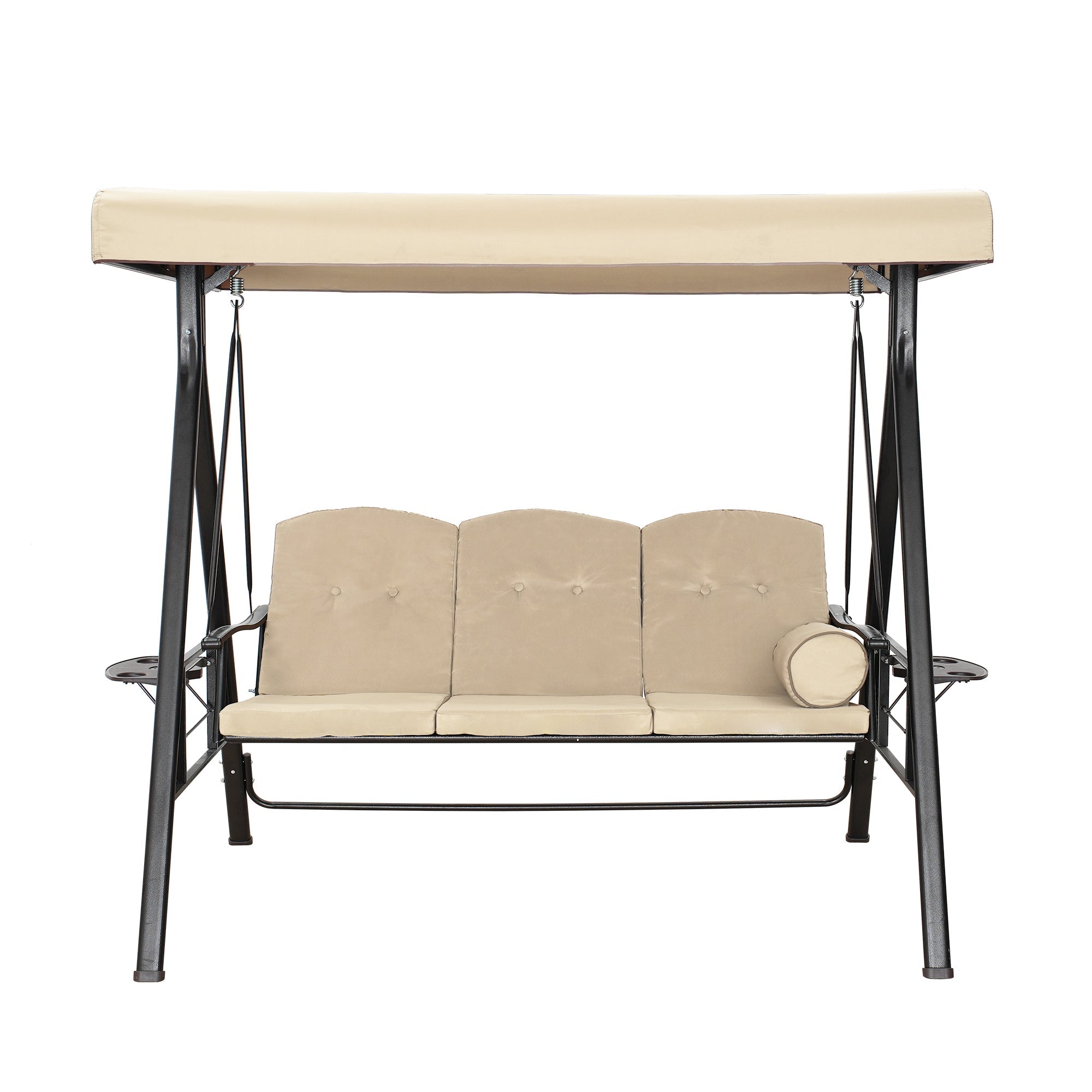 Steel 3 Person Patio Swing Chair Swinging Outdoor Chair with Removable Mat, Cushion and Convertible Canopy, Beige