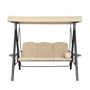Steel 3 Person Patio Swing Chair Swinging Outdoor Chair with Removable Mat, Cushion and Convertible Canopy, Beige