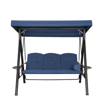 Steel 3 Person Patio Swing Chair Swinging Outdoor Chair with Removable Mat, Cushion and Convertible Canopy, Navy Blue