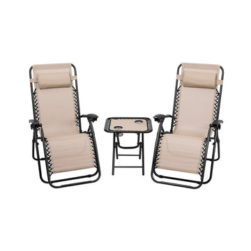 3-Piece Steel Frame Outdoor Patio Folding Portable Zero Gravity Reclining Chaise Lounges Chairs Table Set in Beige