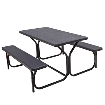 54 in. W Black Rectangle Stainless Steel Outdoor Picnic Table Bench Set for 6-Person with Metal Base
