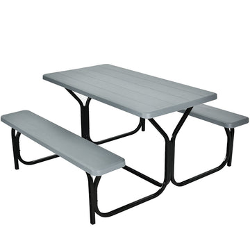 54 in. W Gray Rectangle Stainless Steel Outdoor Picnic Table Bench Set for 6-Person with Metal Base