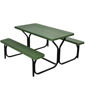 54 in. W Green Rectangle Stainless Steel Outdoor Picnic Table Bench Set for 6-Person with Metal Base
