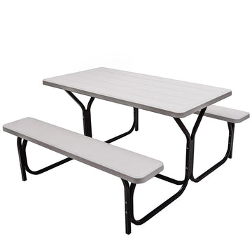 54 in. W Black Rectangle Stainless Steel Outdoor Picnic Table Bench Set for 6-Person with Metal Base