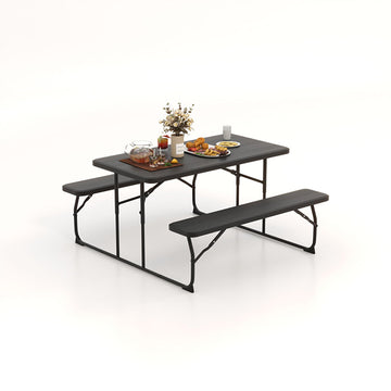 59 in. Black Rectangle Stainless Steel Folding Picnic Table Bench Set with Wood-like Texture