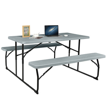 59 in. Gray Rectangle Stainless Steel Folding Picnic Table Bench Set with Wood-like Texture