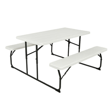59 in. White Rectangle Stainless Steel Folding Picnic Table Bench Set with Wood-like Texture