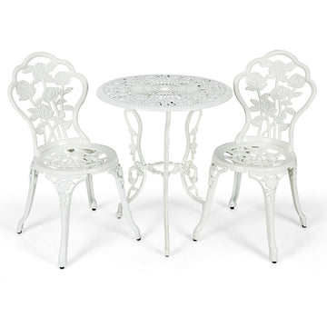 3 Pieces Outdoor Cast Aluminum Patio Furniture Set Bistro Set with Rose Design-White